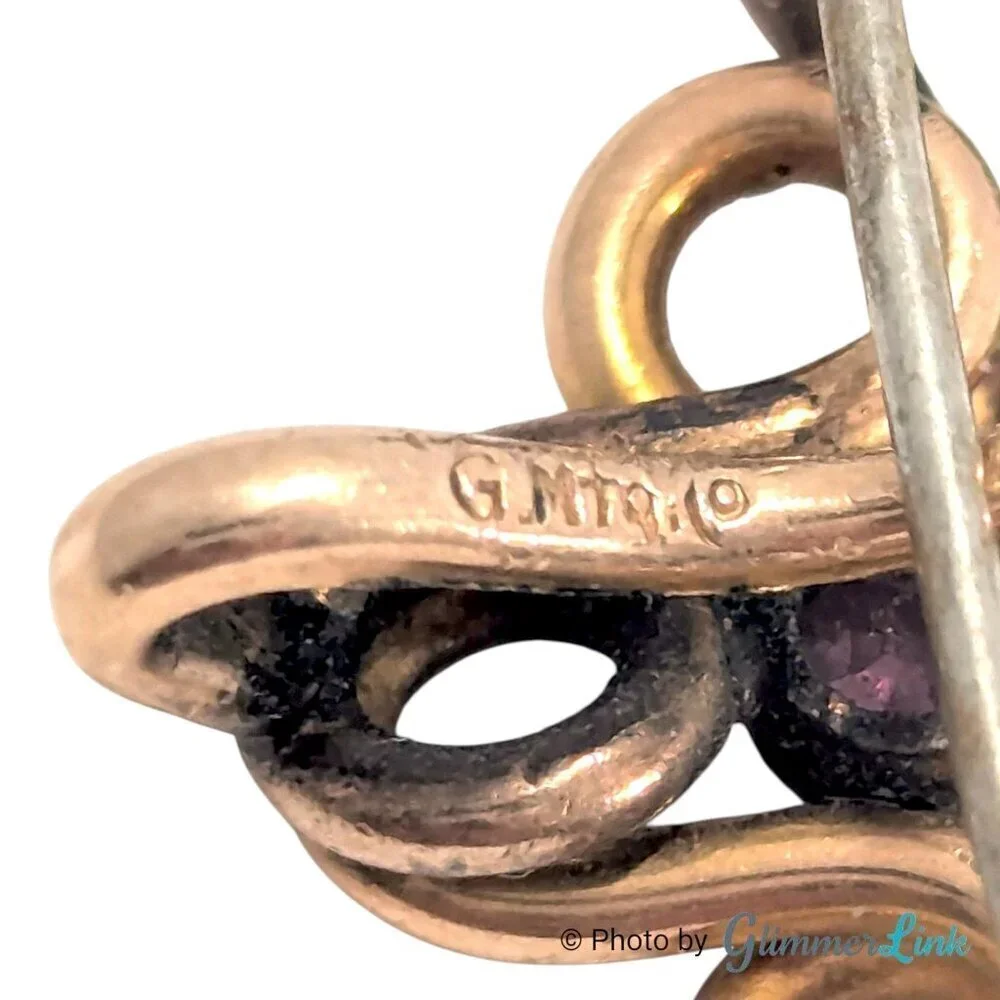 Antique Art Nouveau G Mfg Co Scrollwork Purple Stone Gold Tone Watch Fob Brooch